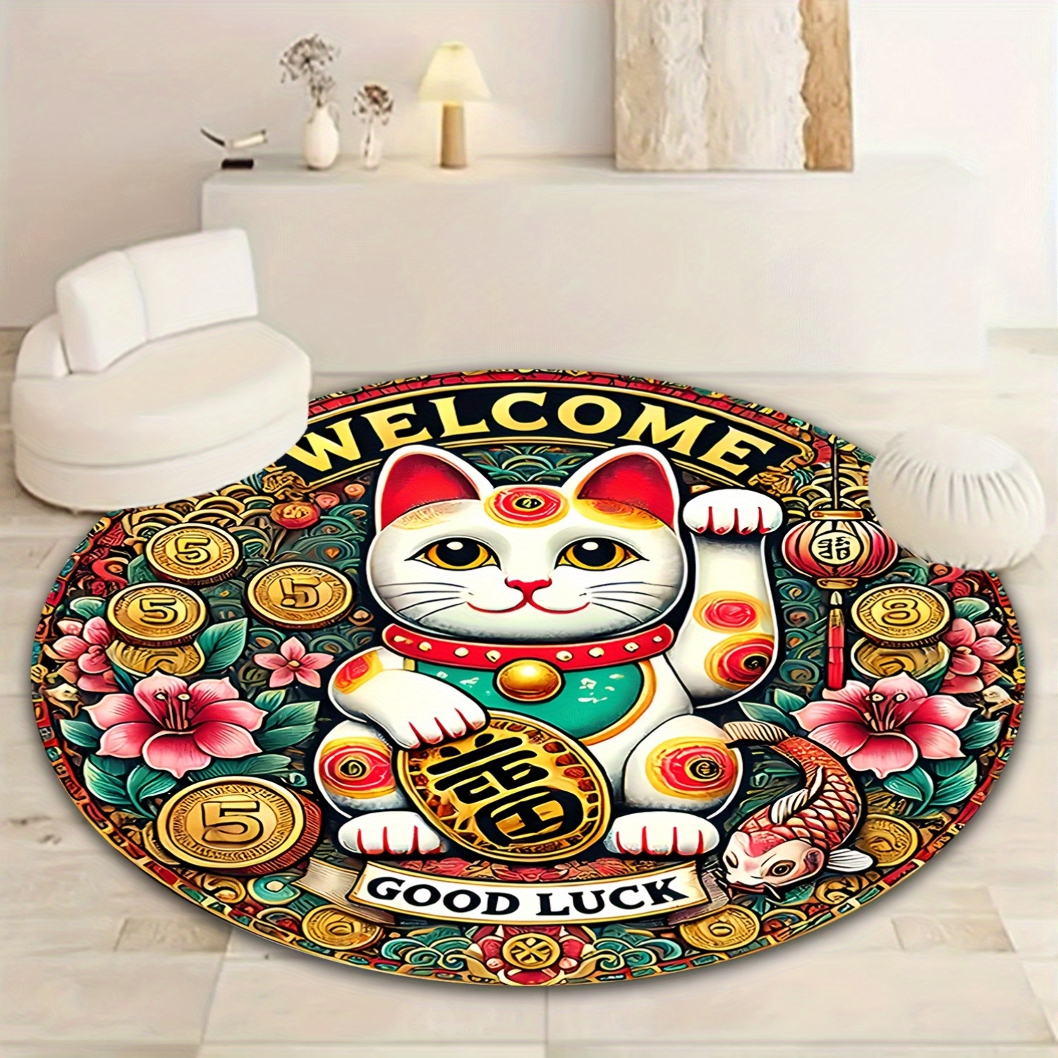 Home Goods Bathroom Mats - Chinese Lucky Cat Round Rug Welcome