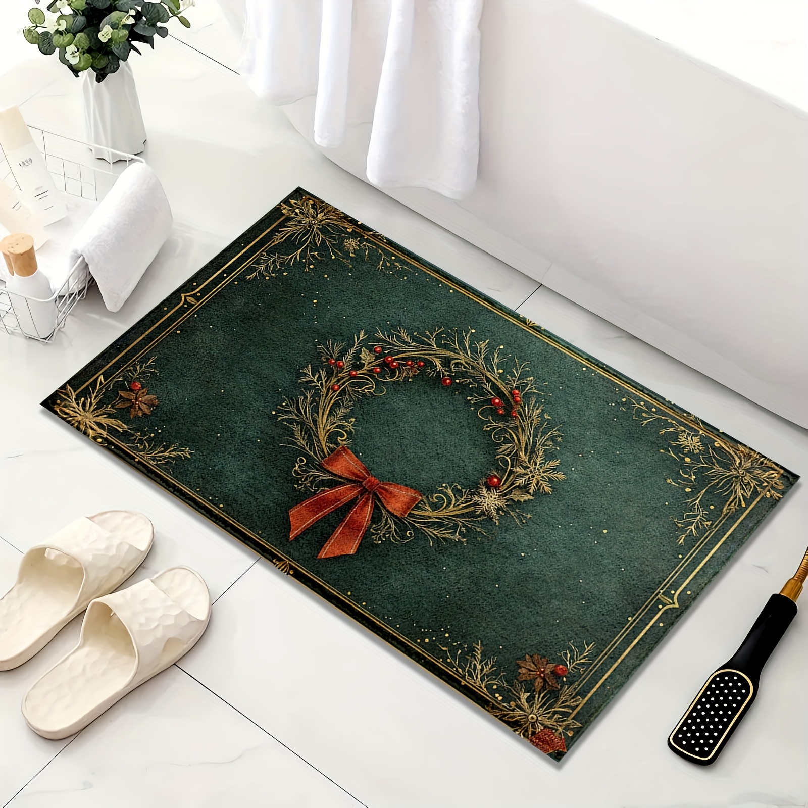 Home Bathroom Design Ideas - Christmas Wreath Printed Flannel Bath Mat
