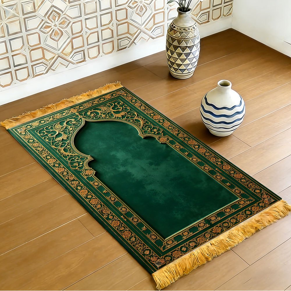 Home Bathroom Rugs - Dark Green Gold Floral Arch Islamic
